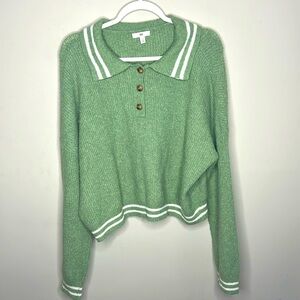 BP. Nordstrom Ribbed Collared Green Hedge Long Sleeve Polo Sweater Cropped 2x